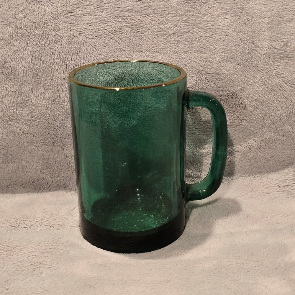 Vintage Libbey Emerald Green Glass Mug Gold Rim Weighted Base MCM Stein